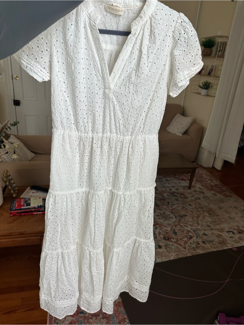 Cynthia Rowley White Eyelet Tiered Midi Dress with Short Sleeves